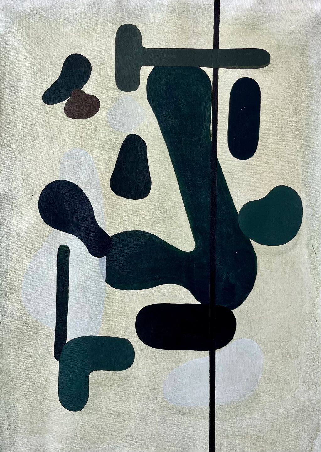 Abstract painting with organic black and green shapes on a beige background.