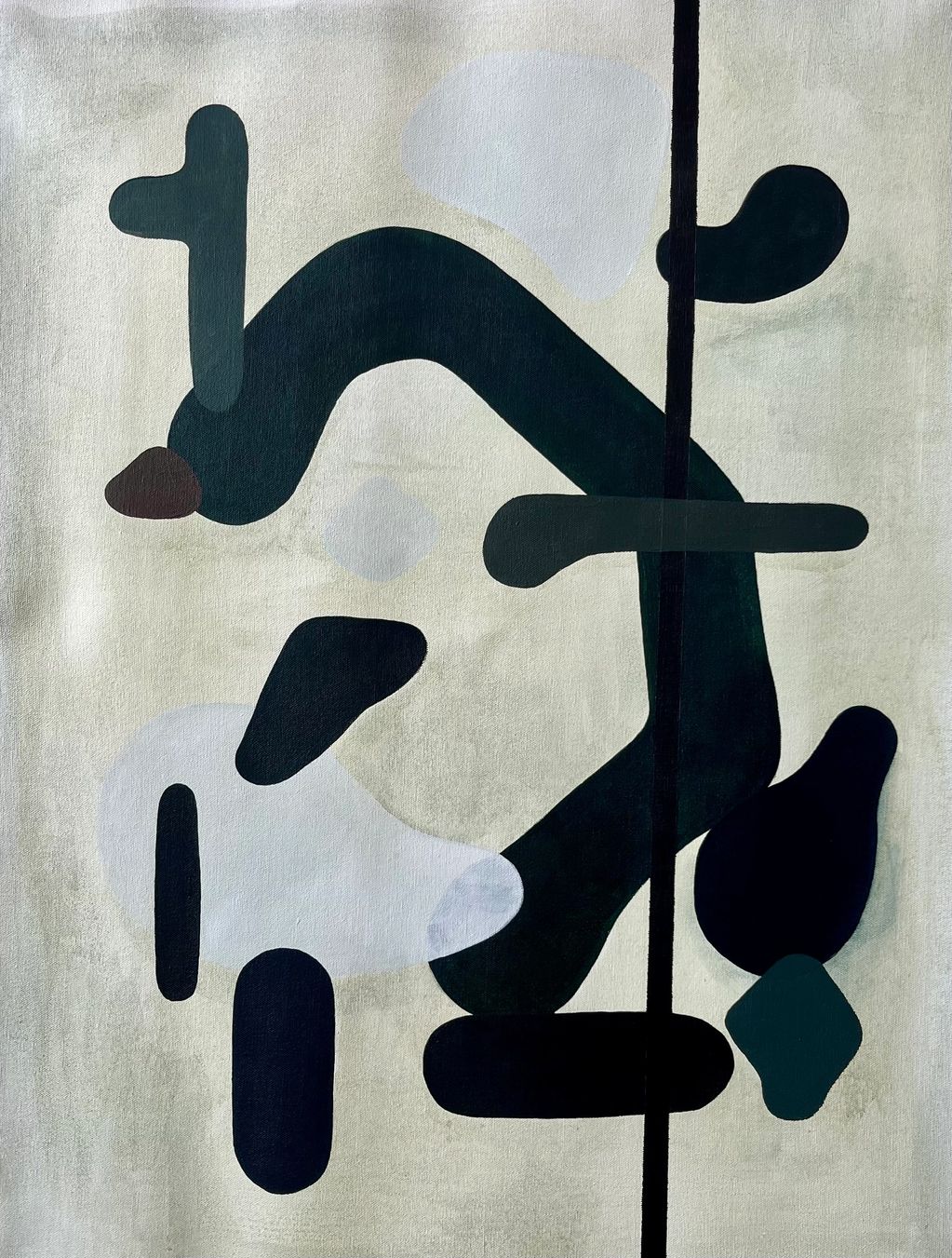 Abstract art with black and gray shapes on a light background.