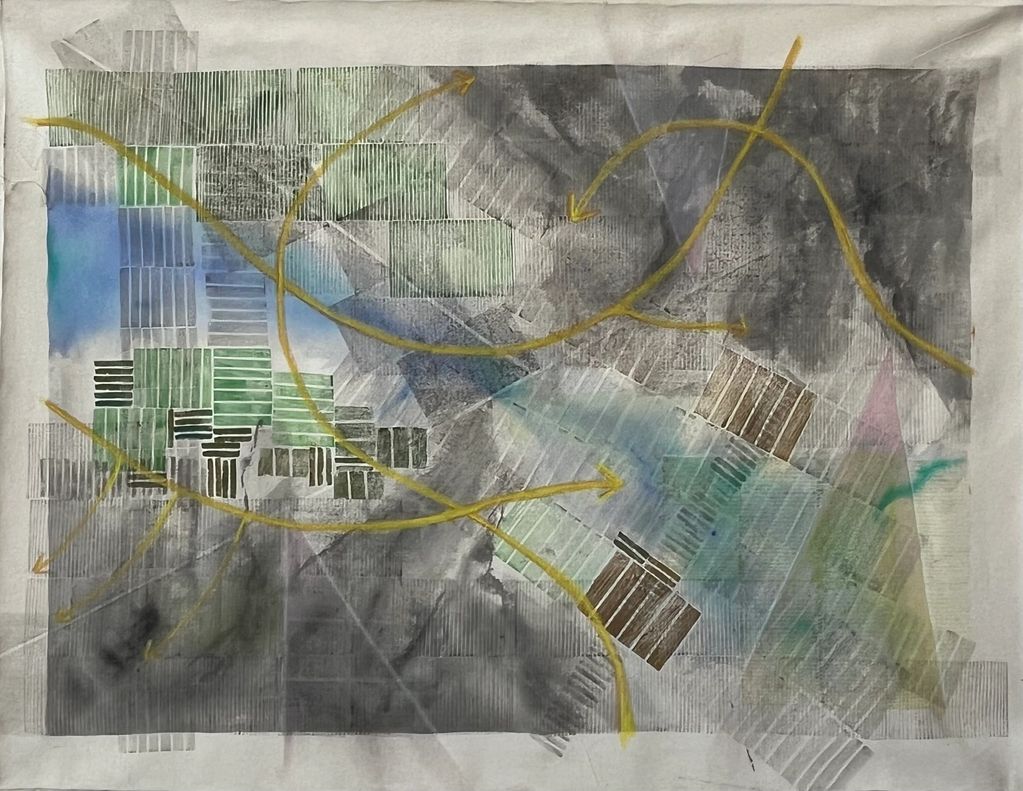 Abstract art with layered rectangles, muted colors, and yellow arrows crossing the composition.