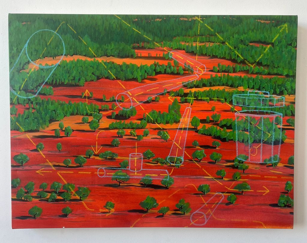 A vibrant landscape painting with green trees on a red ground and geometric shapes overlay.