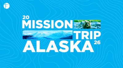 Graphic design promoting a 2026 Alaska mission trip with nature images.