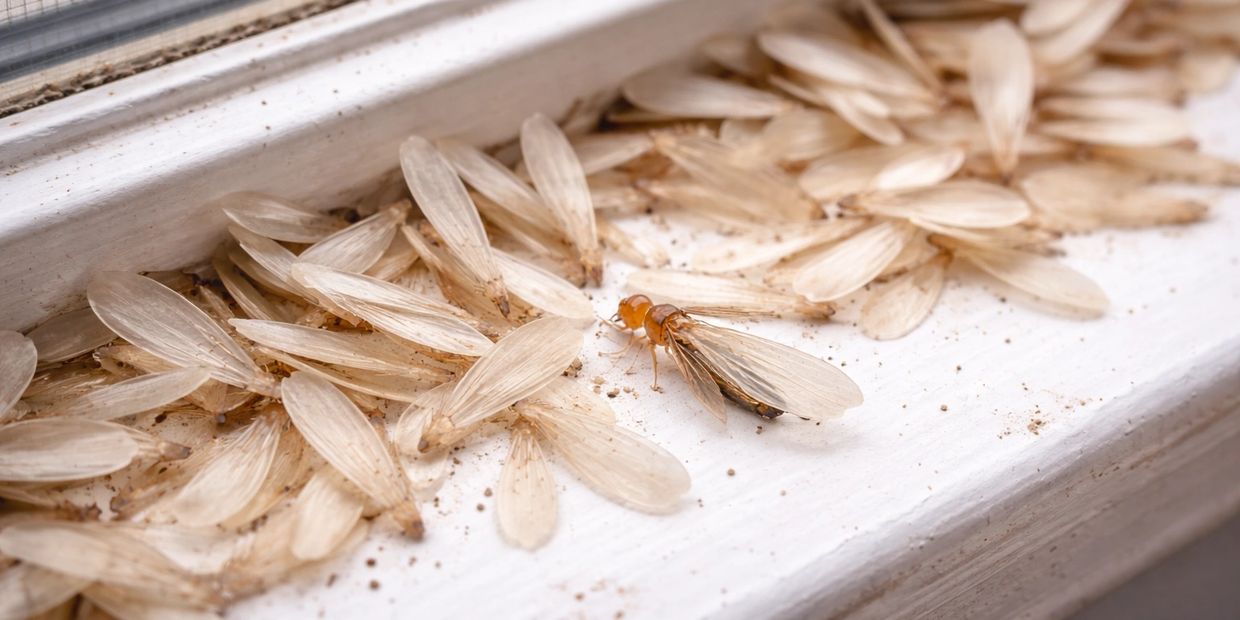 Abandoned termite swarmer wings piles up on a windowsill where a single termite rests