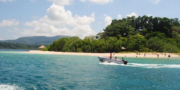 A speedboat glides on blue water near a tropical island beach.