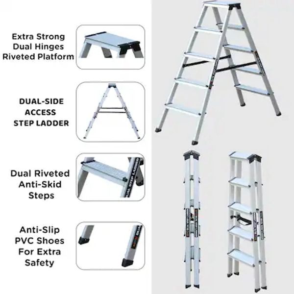 Aluminum dual-side access step ladder with anti-skid steps and anti-slip PVC shoes.