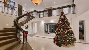 11 foot tall luxury red & gold Christmas tree with warm white lights.