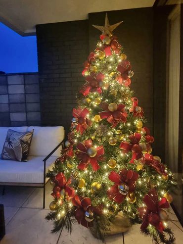Red and gold Christmas tree with fairy lights at night.