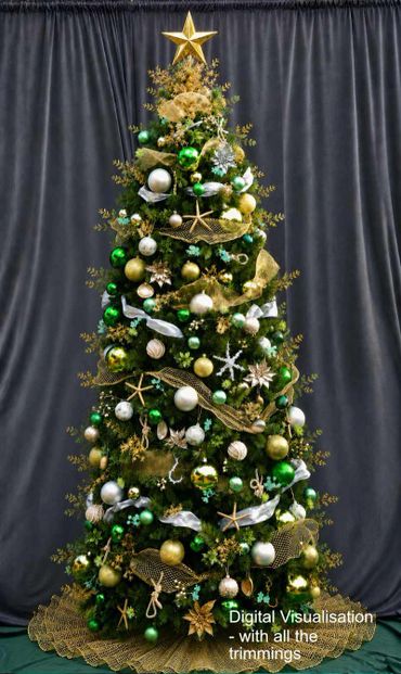 Digital visualisation of our Coastal Christmas tree finished off with all the trimmings and skirt.