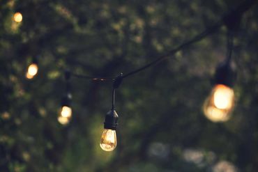 Festoon light string hanging in garden.
