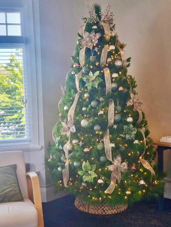 Professionally decorated sage and gold ribbon Christmas tree with stars and poinsettia flowers.