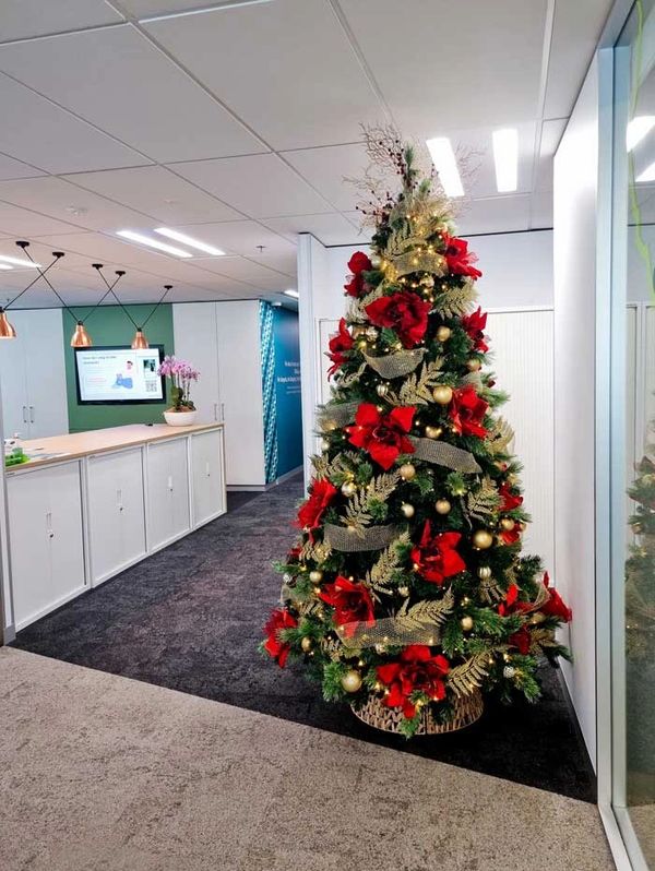 Professionally decorated red rose Christmas tree at MDSN offices in Auckland.