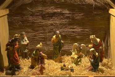 Closeup of nativity scene at night.