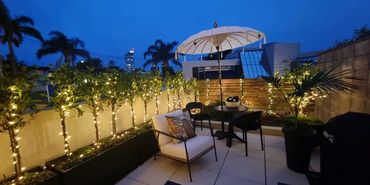 Small trees wrapped on balcony at stylish Auckland apartment.