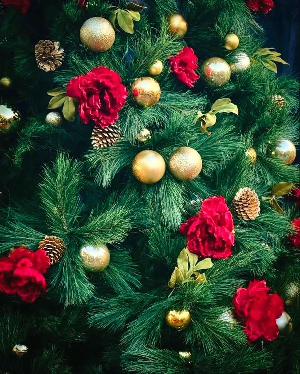 Closeup of realistic Christmas tree branches with roses, pinecones and gold baubles.