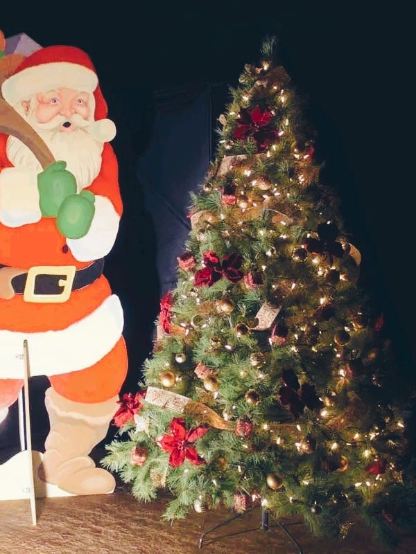 Lights at night on traditional Christmas tree with cutout retro Santa.