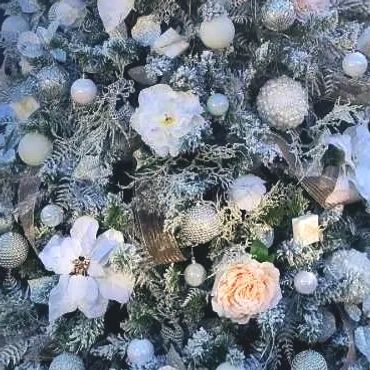 Closeup of white and peach roses and poinsettia plus baubles and ribbon on flocked Christmas tree.