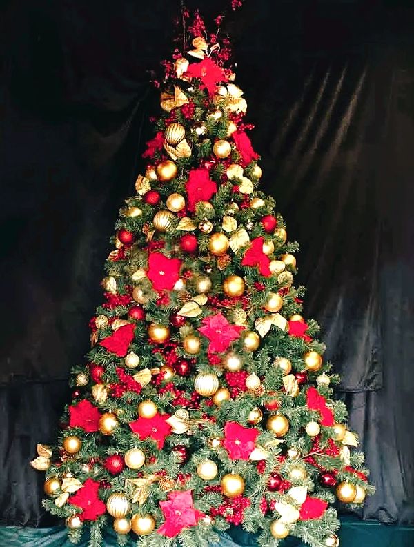 Red poinsettia flower Christmas tree with berries and gold leaves plus baubles.