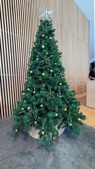 silver and brass all-natural metal and glass ornaments with handmade snowflakes for car showroom.