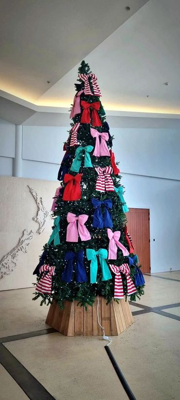 5m tall Christmas tree with cool white fairy lights and wooden tree collar at City Impact Church.