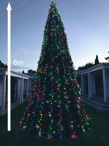 6m tall giant Christmas tree with multi-coloured commercial-grade fairy lights.