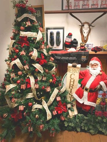 Hand painted wooden Santa with classic red & gold Christmas tree with vintage Santa sign.