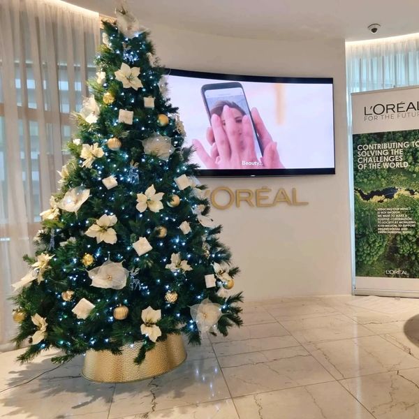 White and gold present box and hand-made flower Christmas tree at Auckland office.
