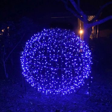 Blue fairy lights on our giant light sphere.