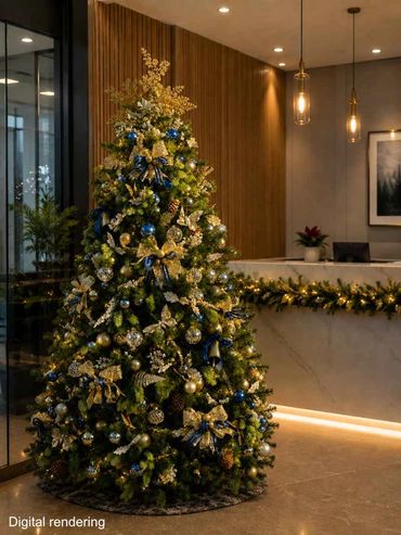 Digital rendering of our Chrismtas tree in an office setting.
