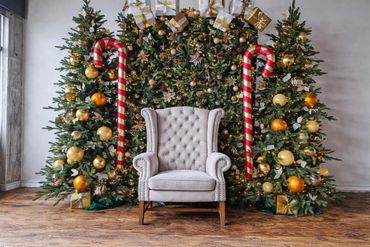 Christmas Garland wall + trees and presents Photo Booth display with giant candy canes and lights.