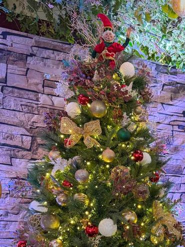 Friendly elf sitting on top of Snow-kissed Evergreen Christmas tree with additional red baubles.