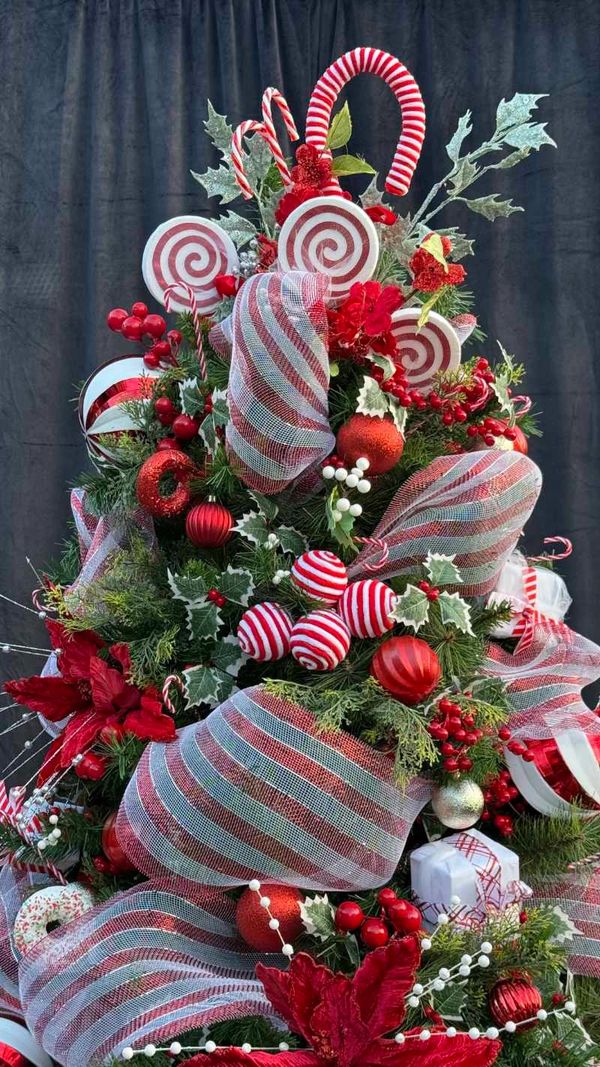 Closeup of lollypop tree topper and other decorations on fun candy themed Christmas tree.