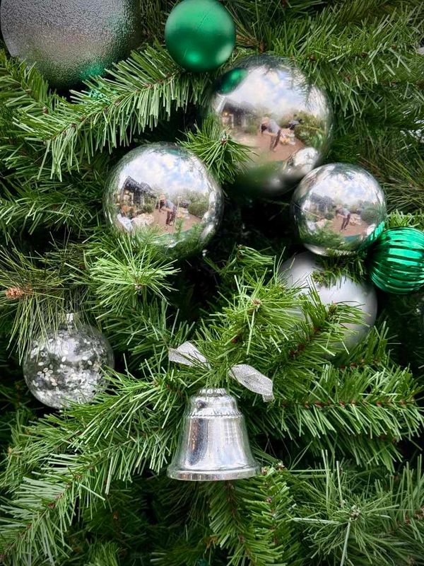 Closeup of silver Christmas tree decorations with bell, glass confetti bauble and green baubles.