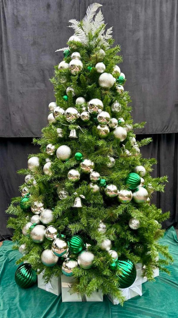 Luxurious silver bauble Garland Christmas tree with bells and XL green baubles plus Silver Ferns.