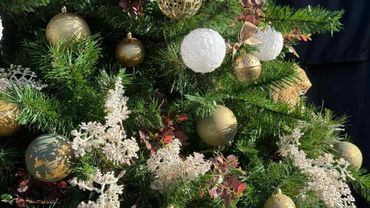 Closeup of sage green and gold Christmas tree decorations with gold bell with ribbon and foliage.