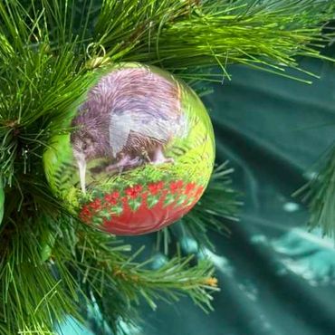Closeup of Kiwi bird bauble on artificial Christmas tree.