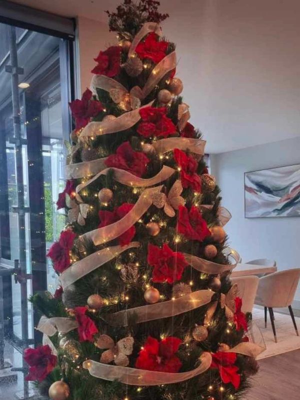 ReaL pine tree with decorations and red blossoms & mistletoe on top instead of big bow.