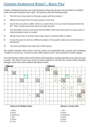 Instructions. Snakeword and Clueless Snakeword Puzzles have simple rules