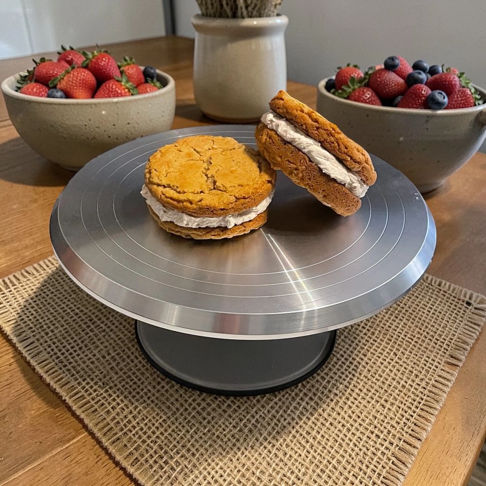Two cookie sandwiches with cream filling on a metal stand, with bowls of strawberries and blueberries in the background.