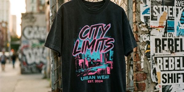 Black t-shirt with neon cityscape and text 'CITY LIMITS Urban Wear EST. 2024'.