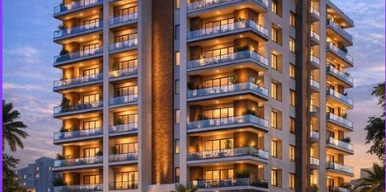 Modern apartment building glowing warmly at dusk with balconies and plants.