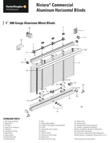 Exploded diagram of Hunter Douglas Riviera commercial aluminum horizontal blinds with labeled parts.