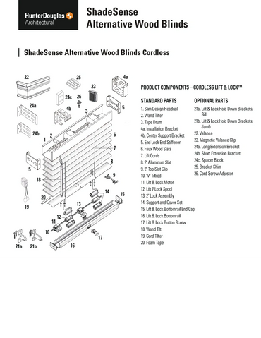 Exploded view and parts list of ShadeSense Alternative Wood Blinds Cordless system.