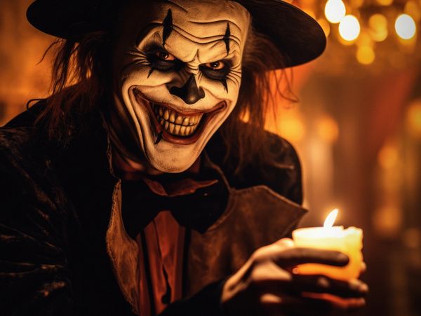 Creepy clown holding a candle with an evil grin.