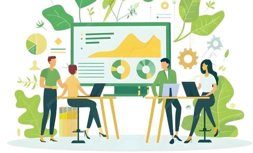 Four people collaborating in an office with charts and plants.