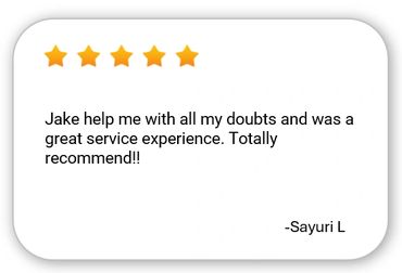 Five-star review praising Jake's helpful service and great experience.
