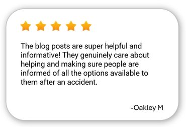 Five-star review praising helpful, informative blog posts about options after accidents.