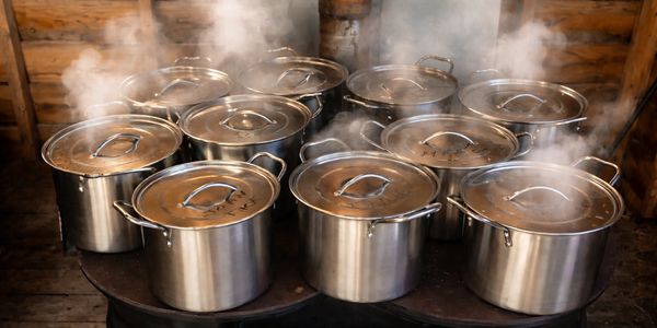 Several large steaming pots with lids on a wooden surface.