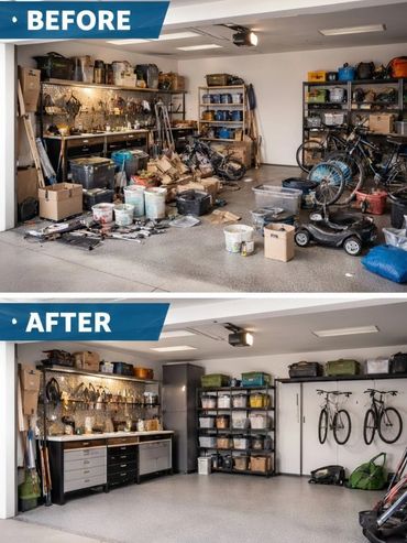 Garage transformed from cluttered chaos to neat, organized space with tools and bikes stored properly.