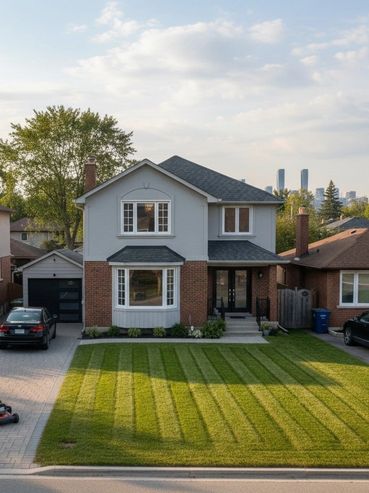 Suburban house with freshly mowed striped lawn and lawnmower on driveway.