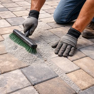 Person sweeping sand into the gaps of a paved stone surface.