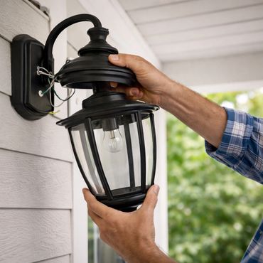 Person repairing an outdoor lantern light fixture on a house wall.